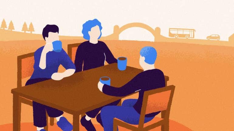 Kuvituskuva: kolme ihmistä juo kahvia pöydän ympärillä.